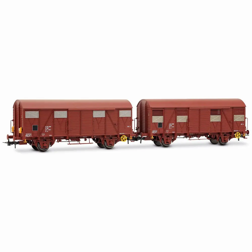 Coffret de 2 wagons couverts type Gs, livrée marron, dont un avec feux de fin de convoi - Jouef HJ63