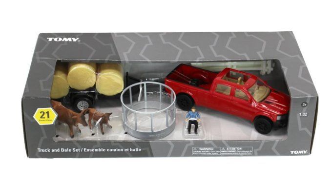 Pick-up rouge avec remorque 6 balles rondes et animaux