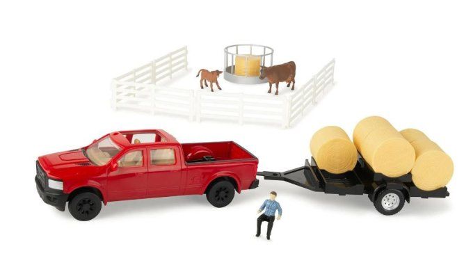 Pick-up rouge avec remorque 6 balles rondes et animaux