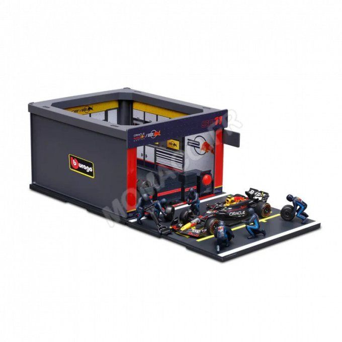 SET PIT STOP : FIGURINES MECANICIENS AVEC STAND ET ACCESSOIRES RED BULL PEREZ