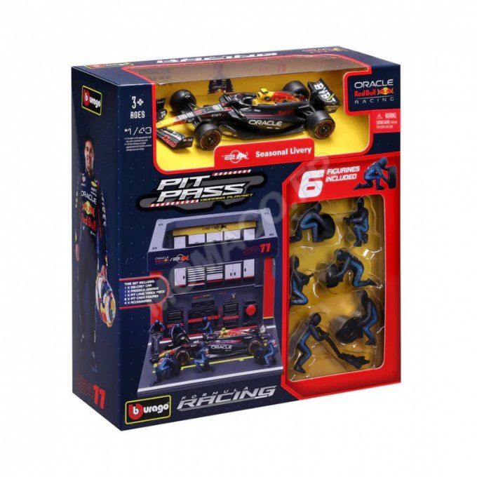 SET PIT STOP : FIGURINES MECANICIENS AVEC STAND ET ACCESSOIRES RED BULL PEREZ