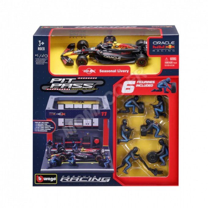 SET PIT STOP : FIGURINES MECANICIENS AVEC STAND ET ACCESSOIRES RED BULL PEREZ