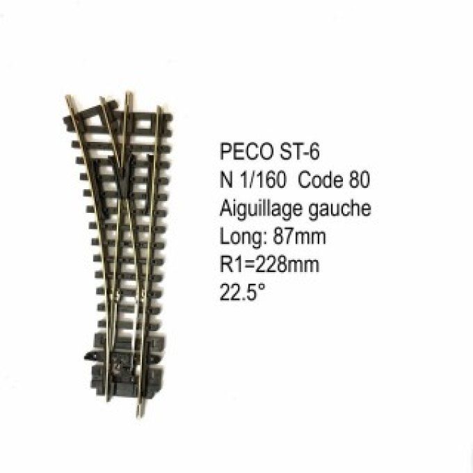Rail aiguillage gauche 87mm R 1 22.5 degrés code 80 -N-1/160-PECO ST-6